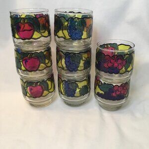 Lot of 8 Retro Libbey Rock Stained Glass Juice Tumblers Drinking Glasses EUC